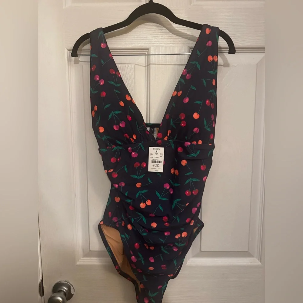 NWT J. Crew Navy Swimsuit with Cherry Print, Lg - Picture 3 of 11